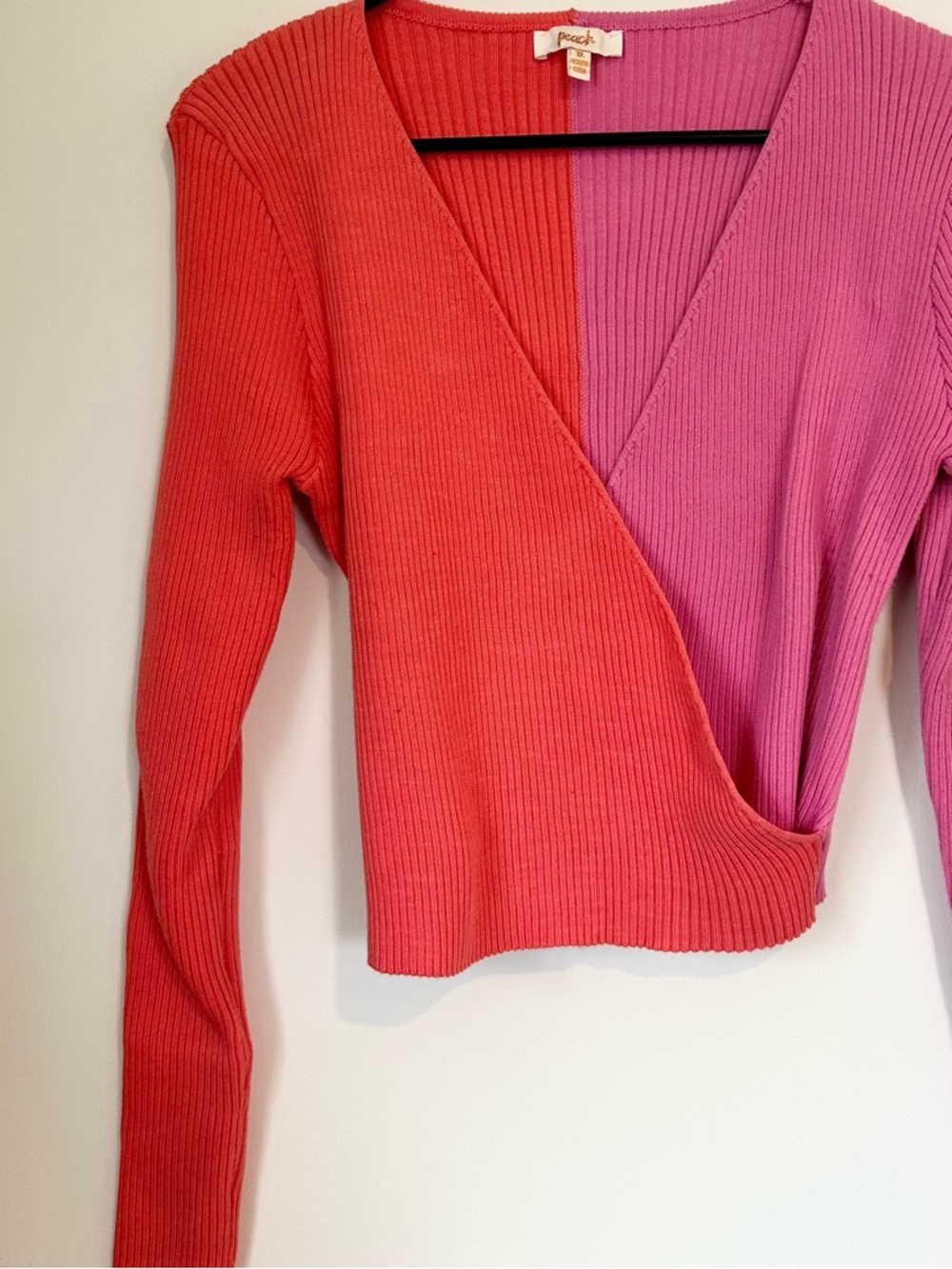 Peach Colorblock Wrap Ribbed Crop Top - Coral & Pink - Size: Extra Large - Picture 4 of 5